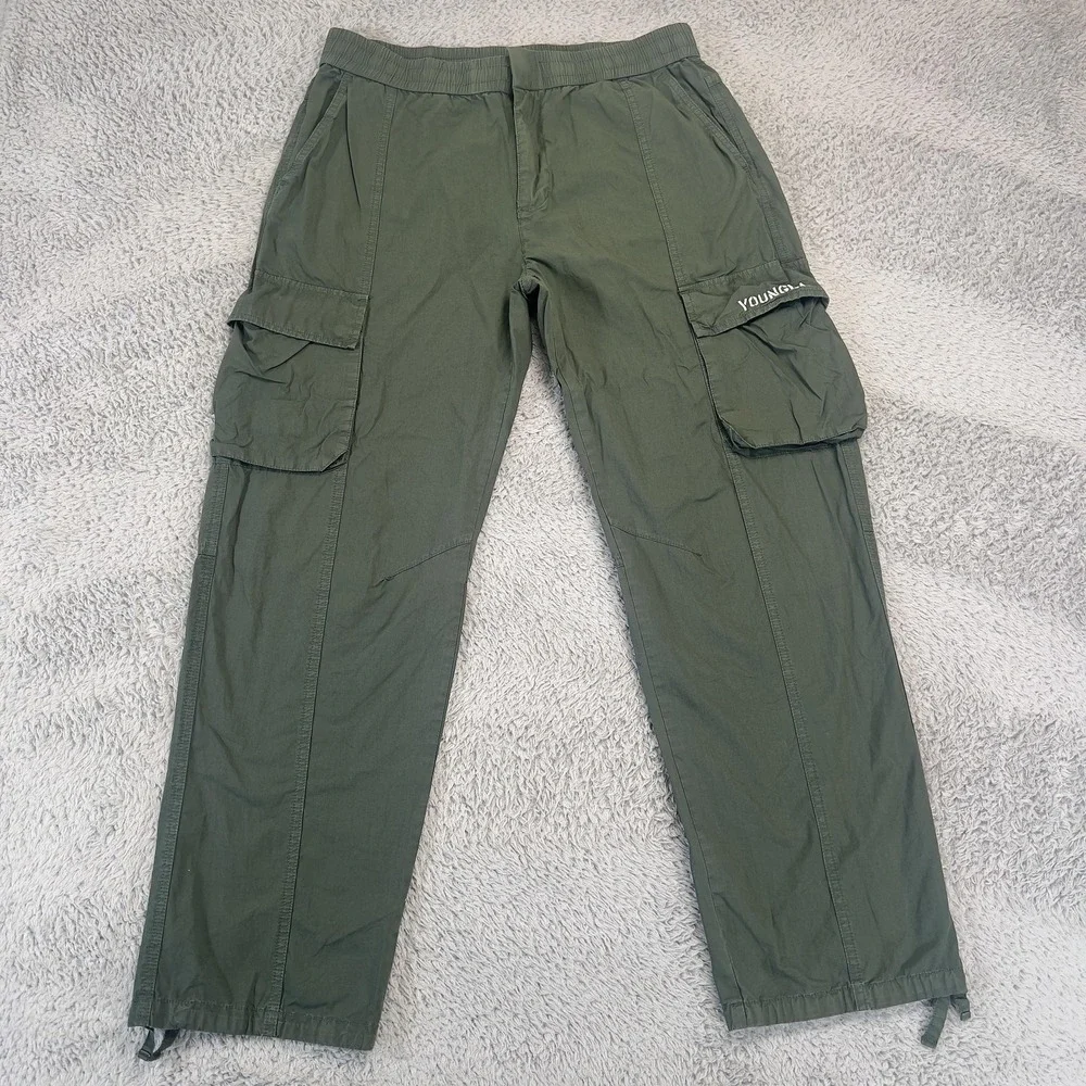 YoungLA Cargo Pants Mens M 32x29 Green Elastic Waist Lightweight Cotton Gorpcore